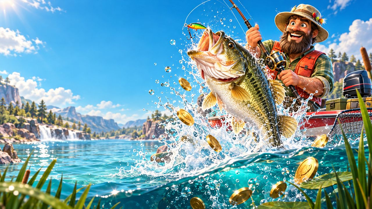 Big Bass Splash visser met grote vangst op een helder meer